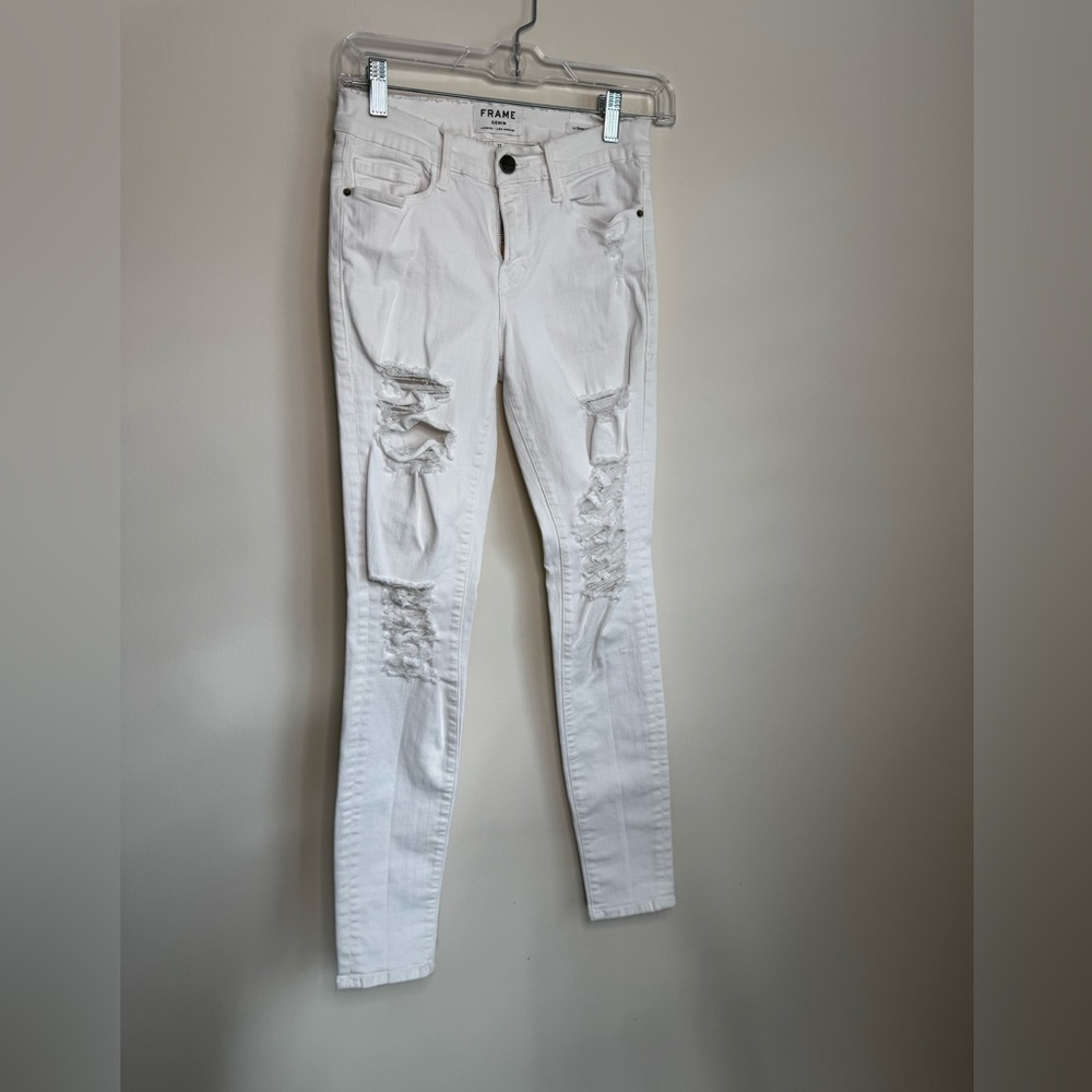 Frame Le Skinny de Jeanne White Distressed Stretchy Skinny Jeans (US 27)
